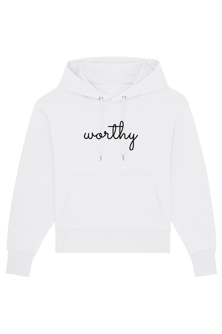 White Oversized Hoodie mit Motiv WORTHY