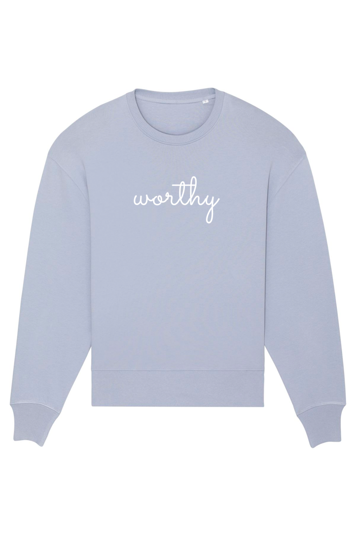 Serene Blue Oversized Sweatshirt mit Motiv WORTHY