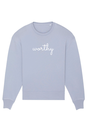 Serene Blue Oversized Sweatshirt mit Motiv WORTHY