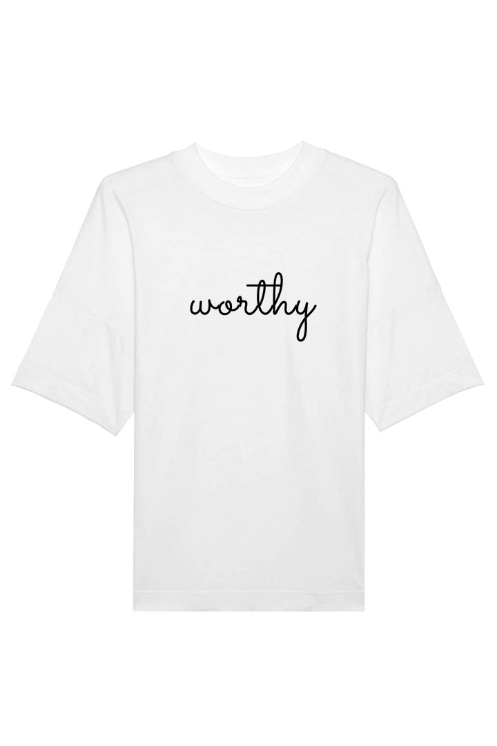 White Oversized T-Shirt mit Motiv WORTHY