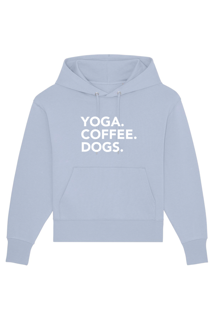 Serene Blue Oversized Hoodie mit Motiv YOGA COFFEE DOGS