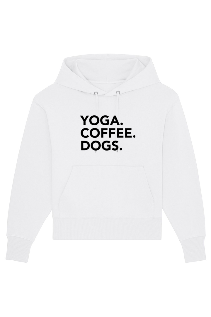 White Oversized Hoodie mit Motiv YOGA COFFEE DOGS