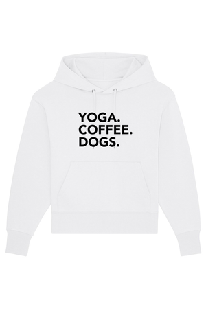 White Oversized Hoodie mit Motiv YOGA COFFEE DOGS