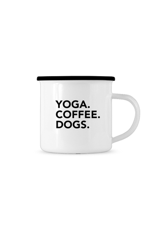 Emaille Tasse mit Motiv YOGA COFFEE DOGS