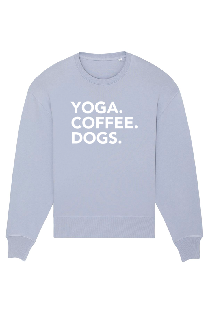 Serene Blue Oversized Sweatshirt mit Motiv YOGA COFFEE DOGS