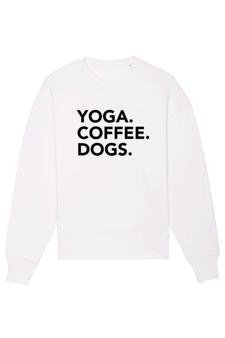 White Oversized Sweatshirt mit Motiv YOGA COFFEE DOGS