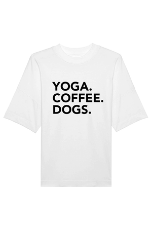 White Oversized T-Shirt mit Motiv YOGA COFFEE DOGS