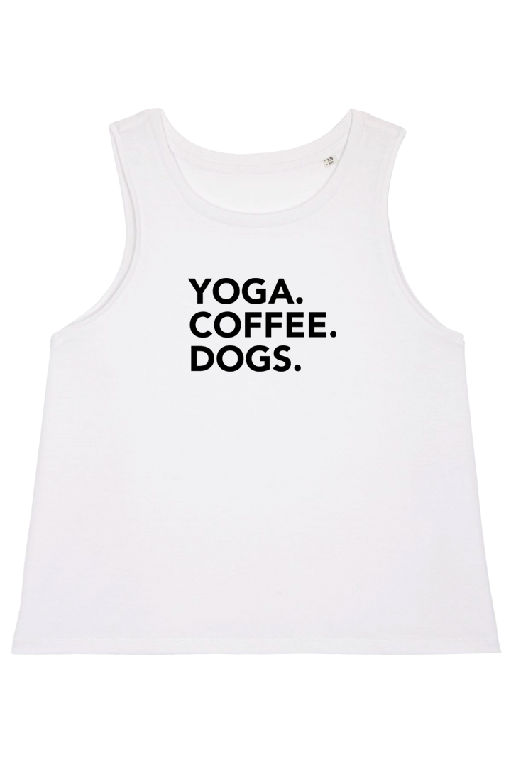 White Top mit Motiv YOGA COFFEE DOGS